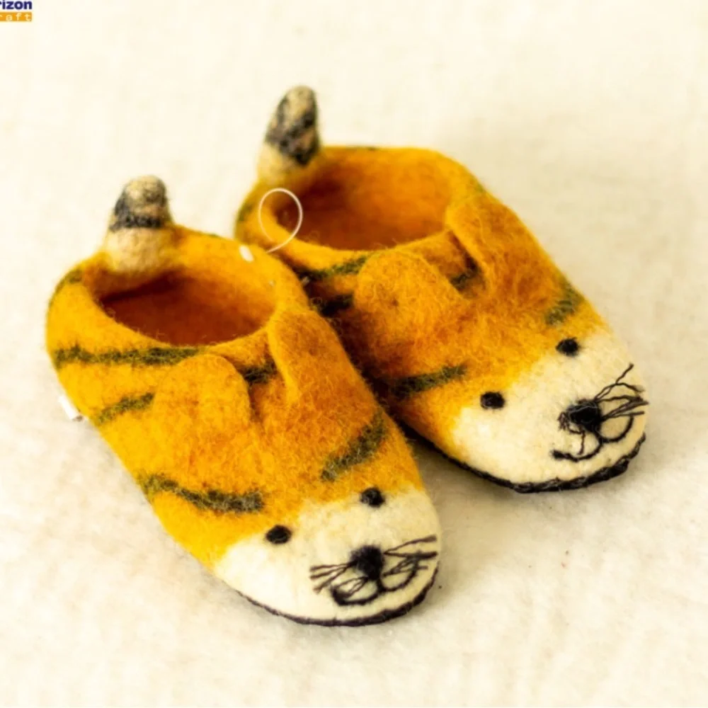Artisan hand made hand felted pure wool Tiger Slippers for Kids